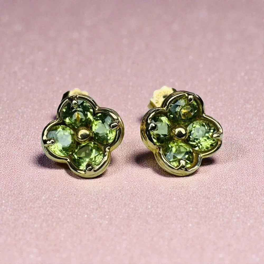 14K Yellow Gold- Natural Peridot Earrings - 1.25CT -Clover Flower Studs 2.5g